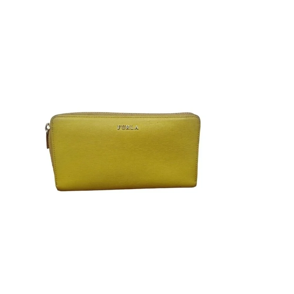 Authentic FURLA Round Zipper Long Wallet Wristie Neon Yellow Pebbled Leather